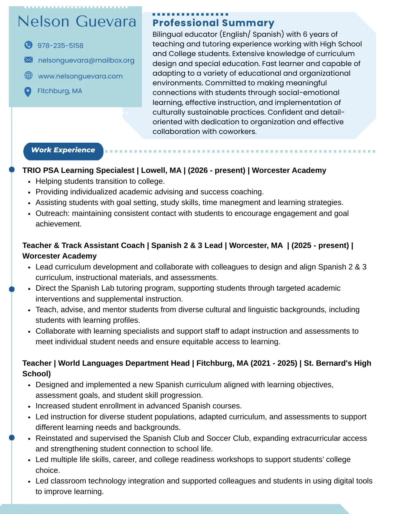 First page of Nelson Guevara’s résumé