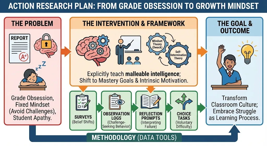 Action research plan: the problem (grade obsession, fixed mindset, student apathy) leads to an intervention teaching malleable intelligence, measured through surveys, observation logs, reflection prompts and choice tasks, aiming at a classroom culture that embraces struggle as learning.